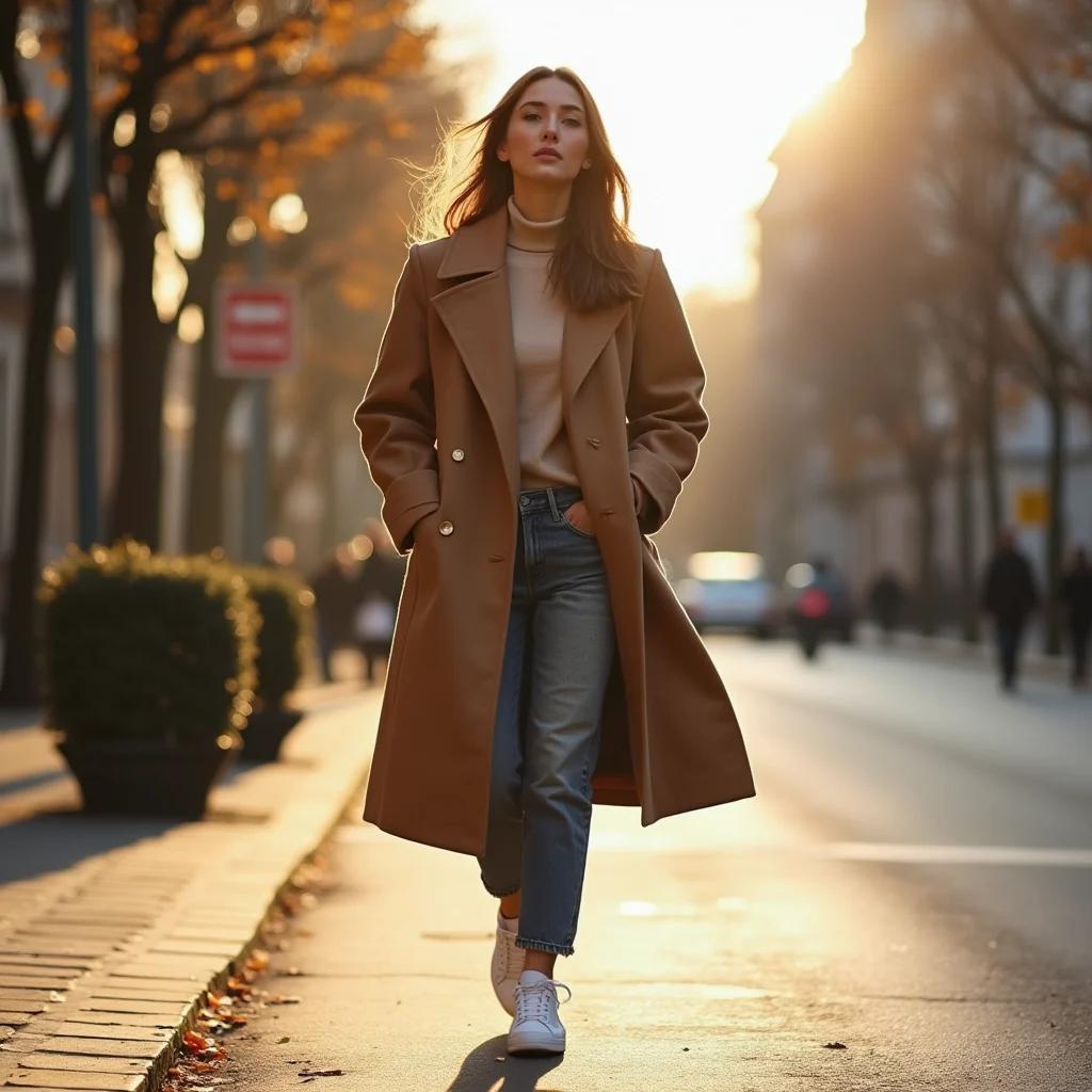 Everyday armour: cloud coat over the cashmere turtleneck, court sneakers to keep it honest.