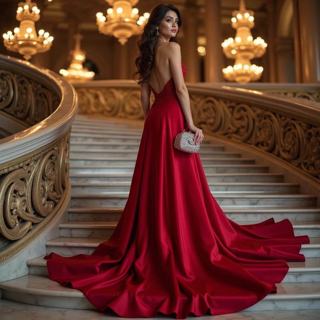 Opera night in the rental column dress — crystal bag caught every chandelier.