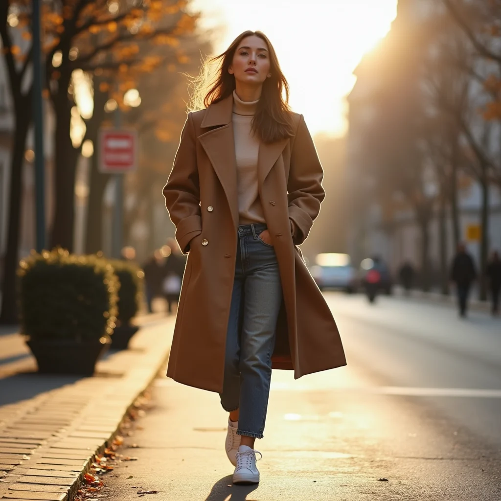 Everyday armour: cloud coat over the cashmere turtleneck, court sneakers to keep it honest.