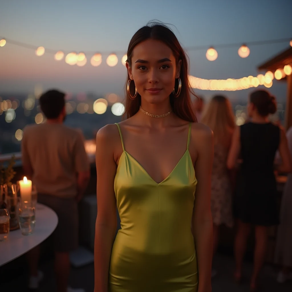 Rooftop season opened in the neon slip dress — the gold hoops did the rest.