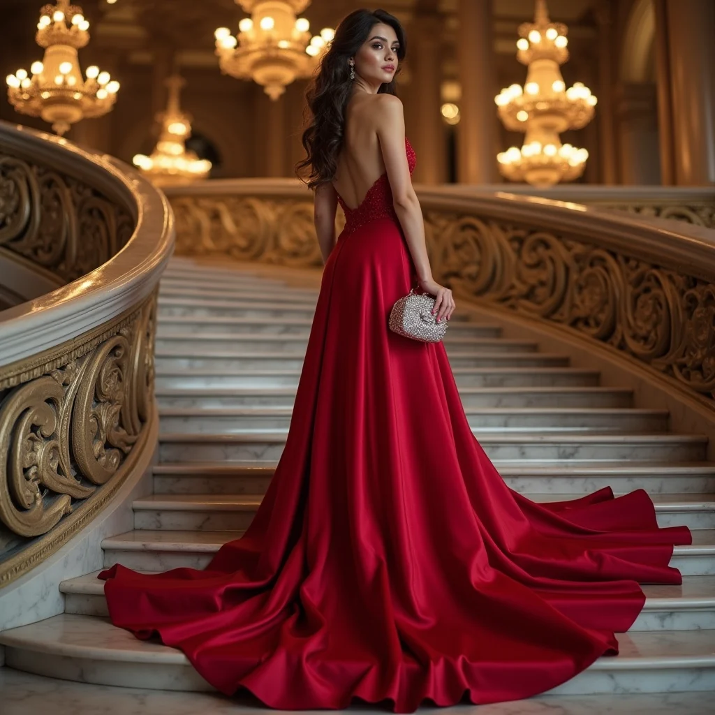 Opera night in the rental column dress — crystal bag caught every chandelier.